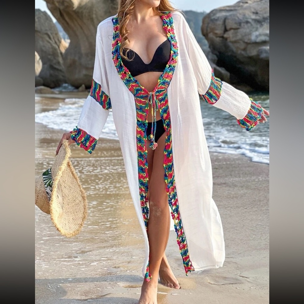 Boho Crochet Trim Kimono Cardi Cover UP White - Picture 5 of 5